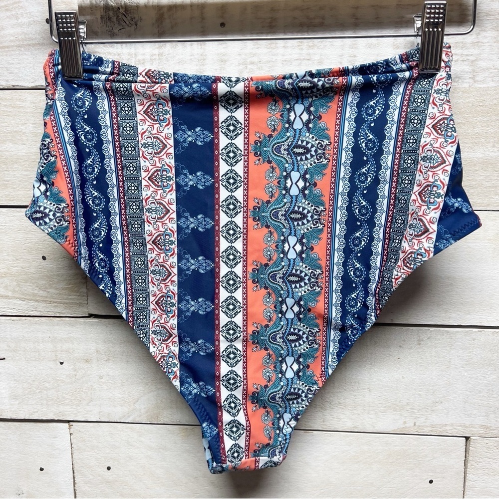 Cupshe Bikini‎ Set Womens Medium Blue Red Cross Front Top High Waist Bottom New - Picture 7 of 14